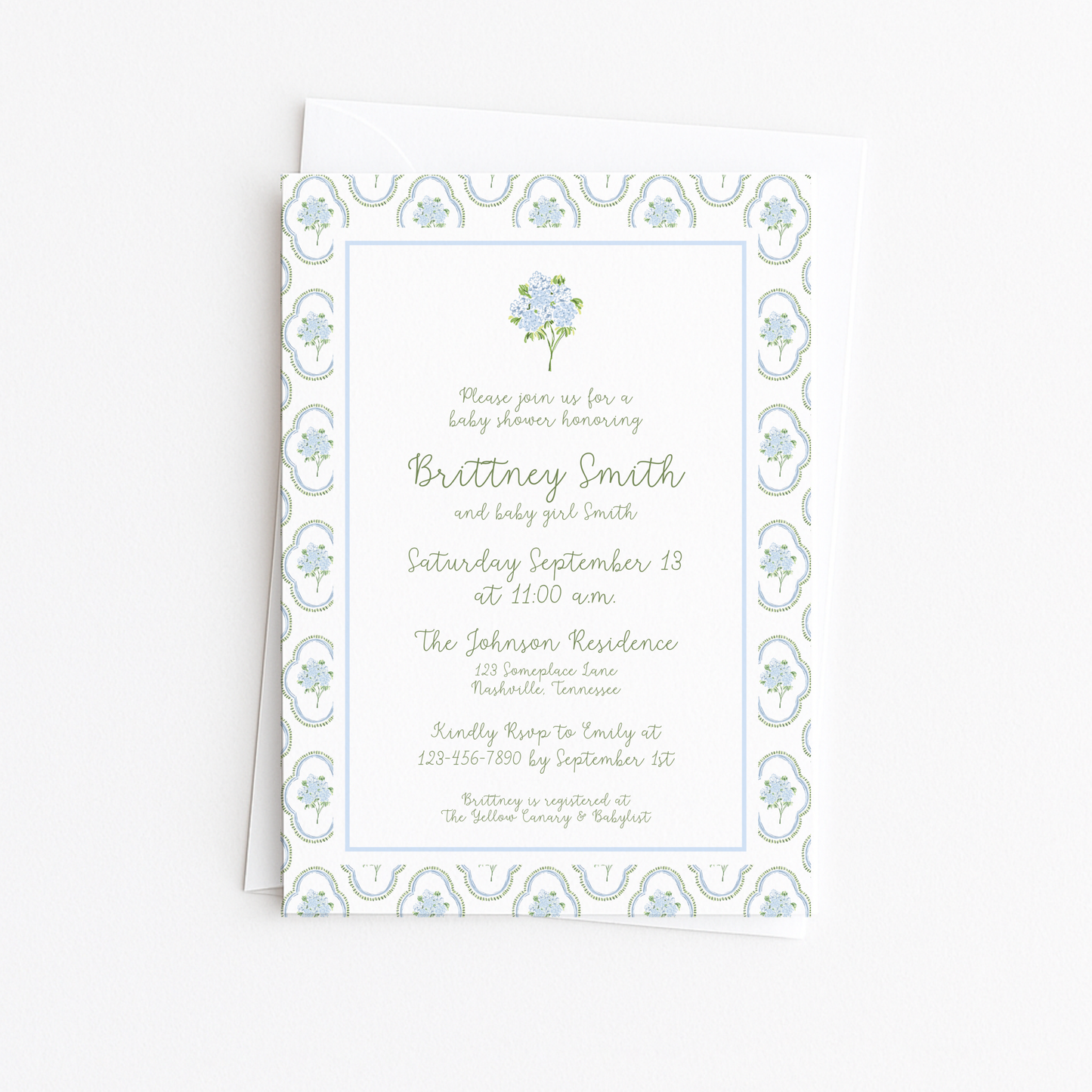 Hydrangea Border Baby Shower Invitation
