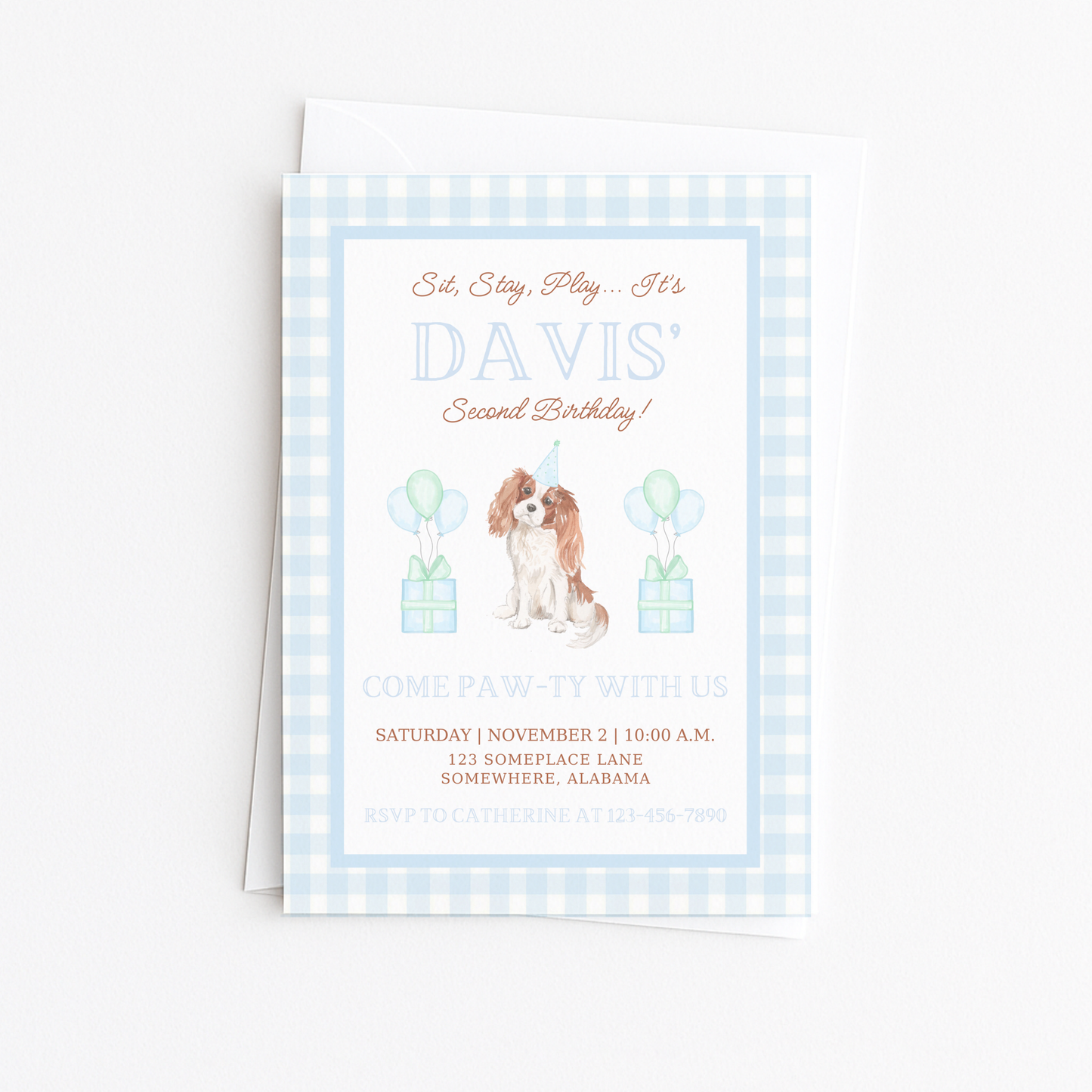 Puppy Pawty Invitation - Gingham King Charles Cavalier