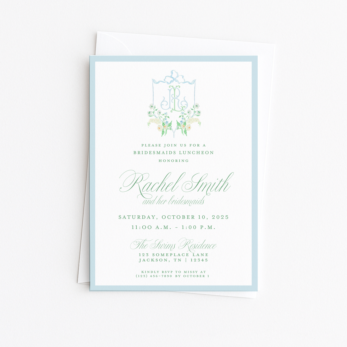 Blue Floral Crest Bridal Shower Invitation