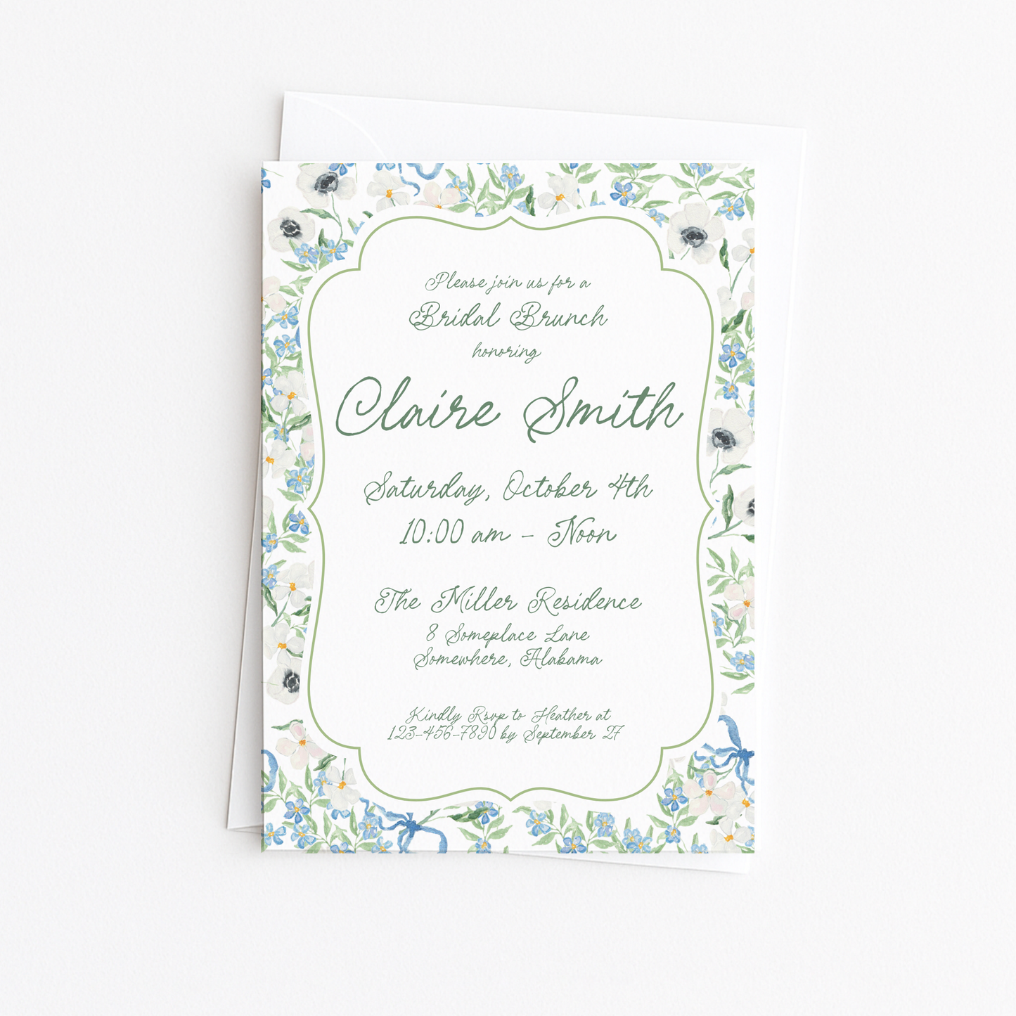 Floral Green and Blue Bridal Shower Invitation
