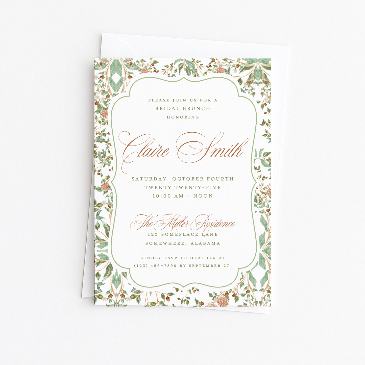 Green & Brown Toile Bridal Shower Invitation
