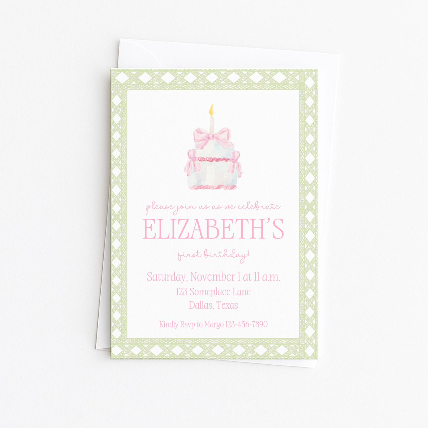 Pink & Green Cake First Birthday Invitation #2