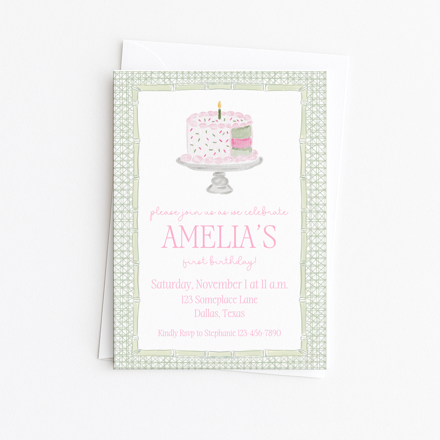 Pink & Green Cake First Birthday Invitation #3
