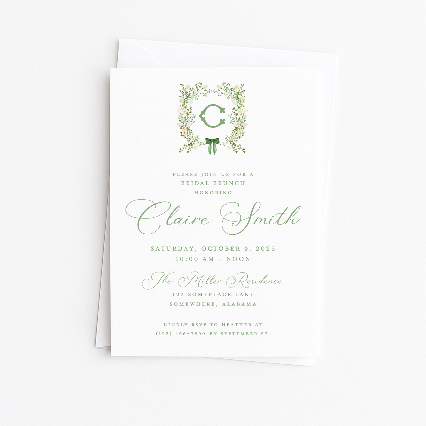 Green and White Floral Crest Bridal Shower Invitation #2
