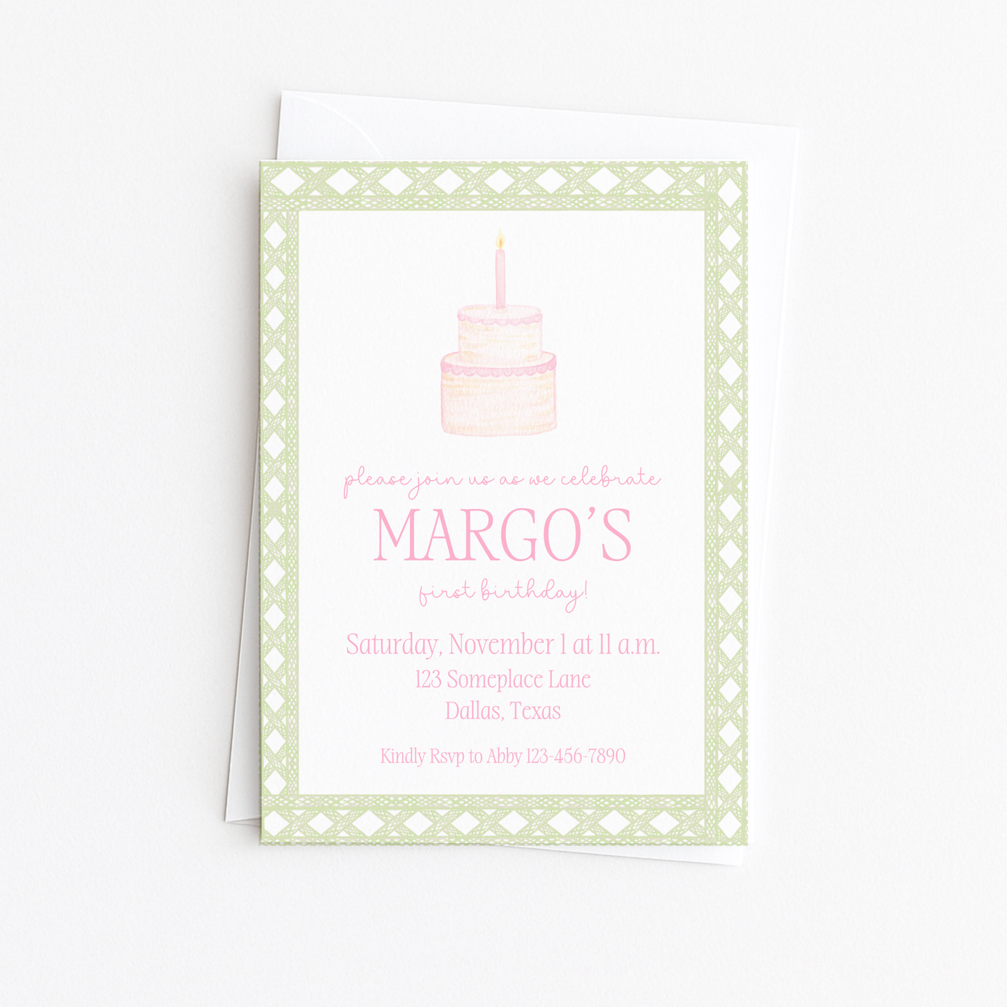 Pink & Green Cake First Birthday Invitation #4