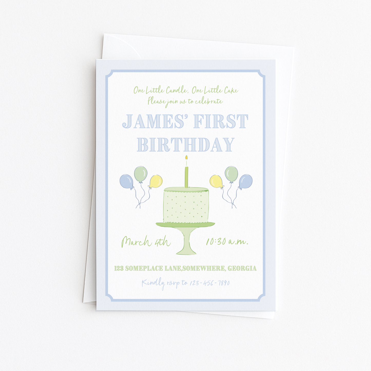 Blue & Green First Birthday Invitation