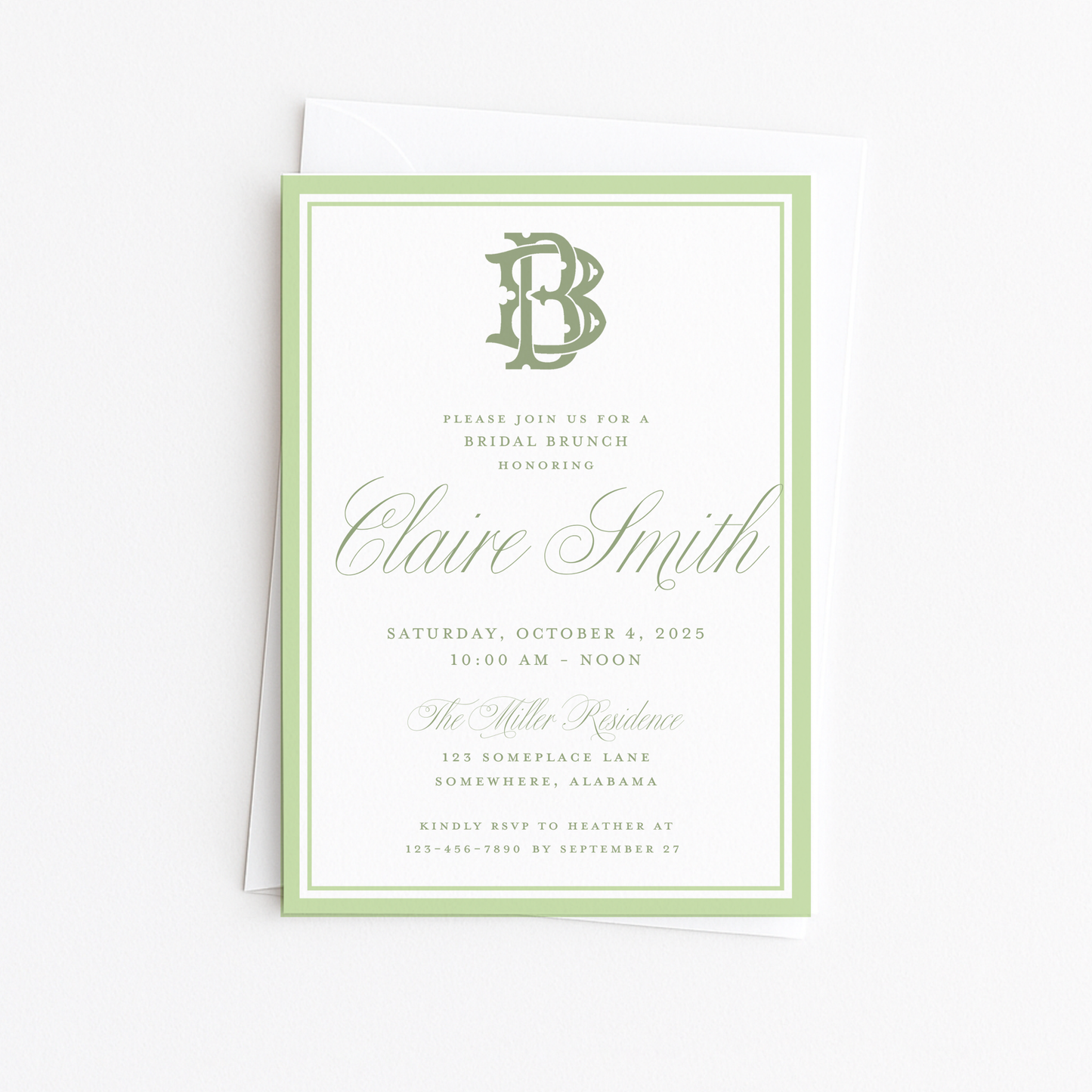 Green and White Monogram Bridal Shower Invitation