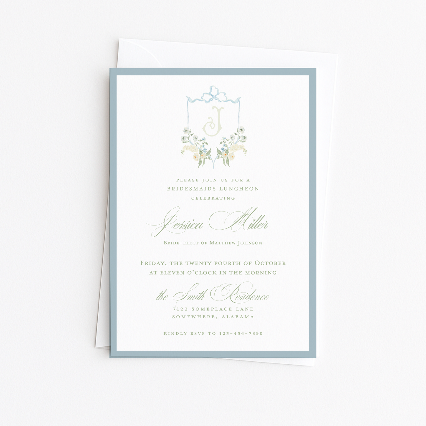 Dusty Blue and White Floral Crest Bridal Shower Invitation