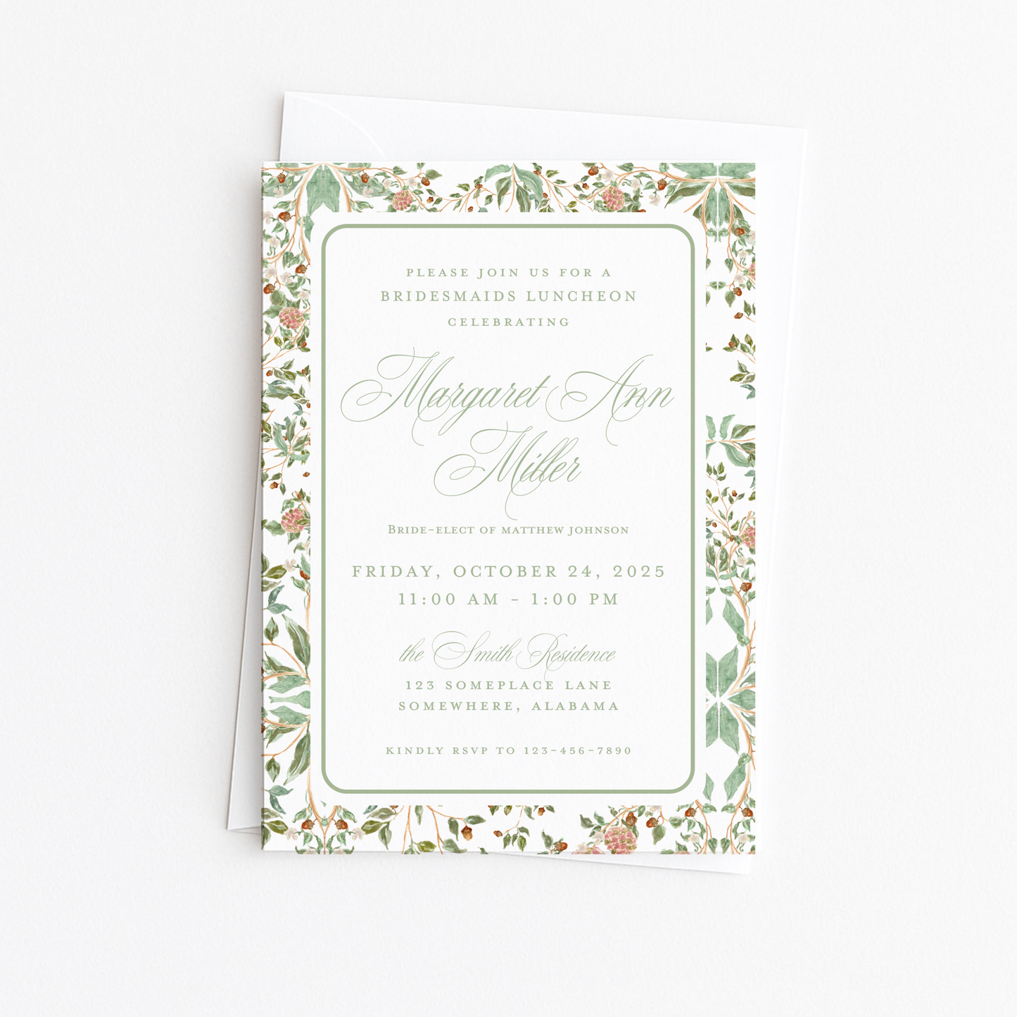 Green & Brown Toile Bridal Shower Invitation #2