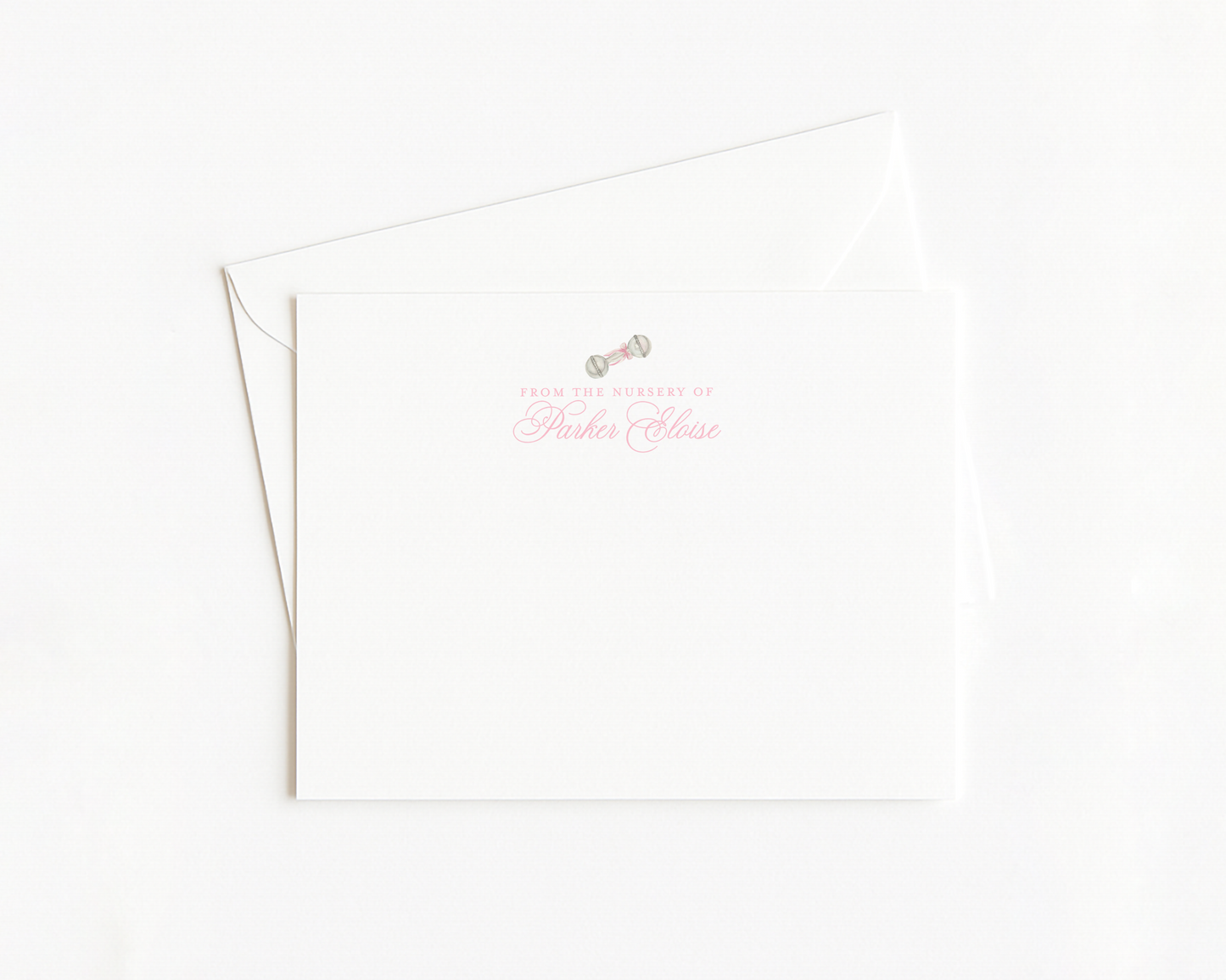 Pink Heirloom Rattle Baby Stationery