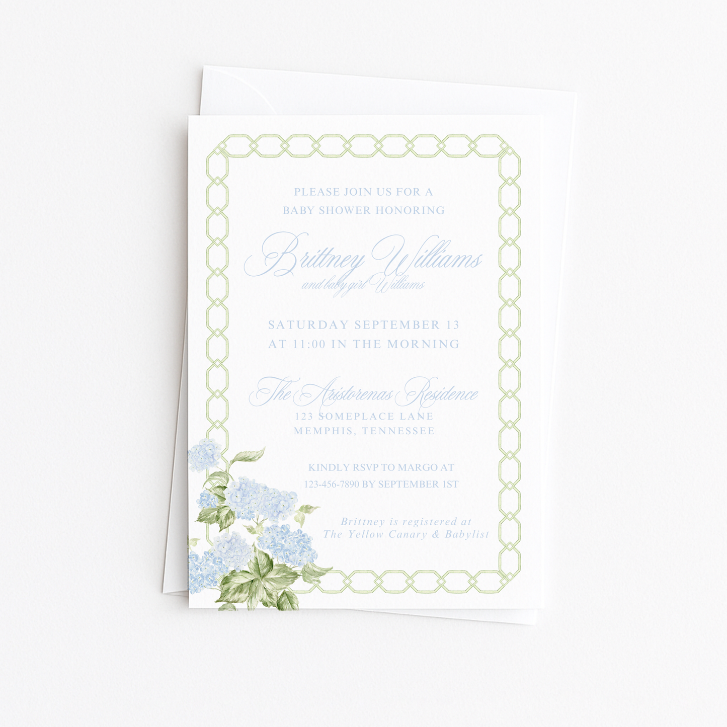 Green Border Hydrangea Baby Shower Invitation