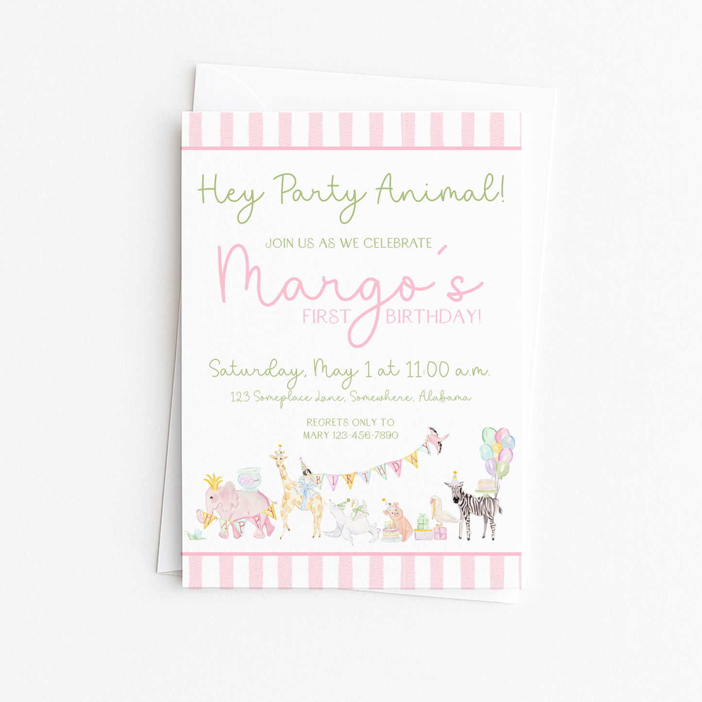 Hey Party Animal Invitation - Pink & Green