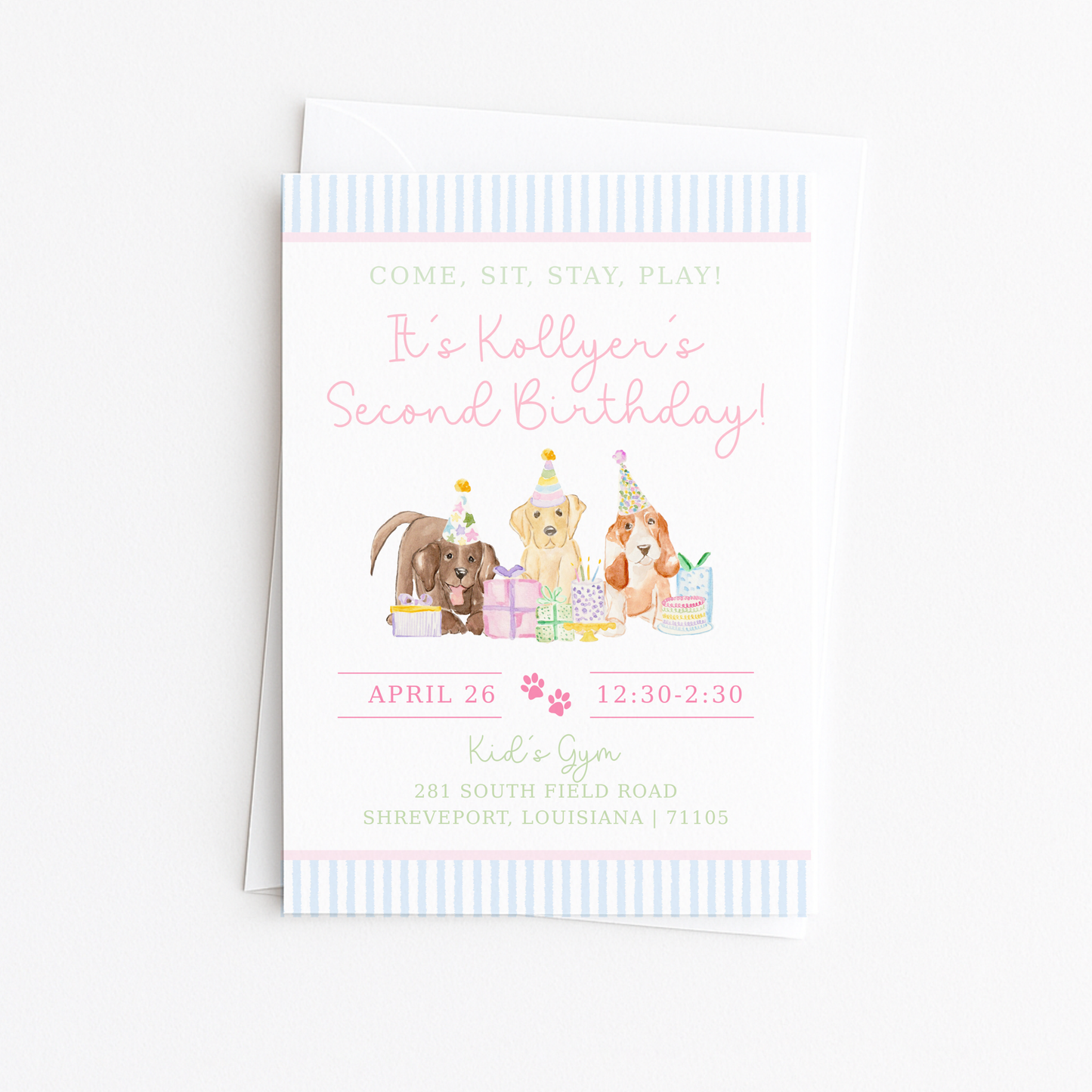 Come, Sit, Stay, Play - Blue Stripes Border Invitation