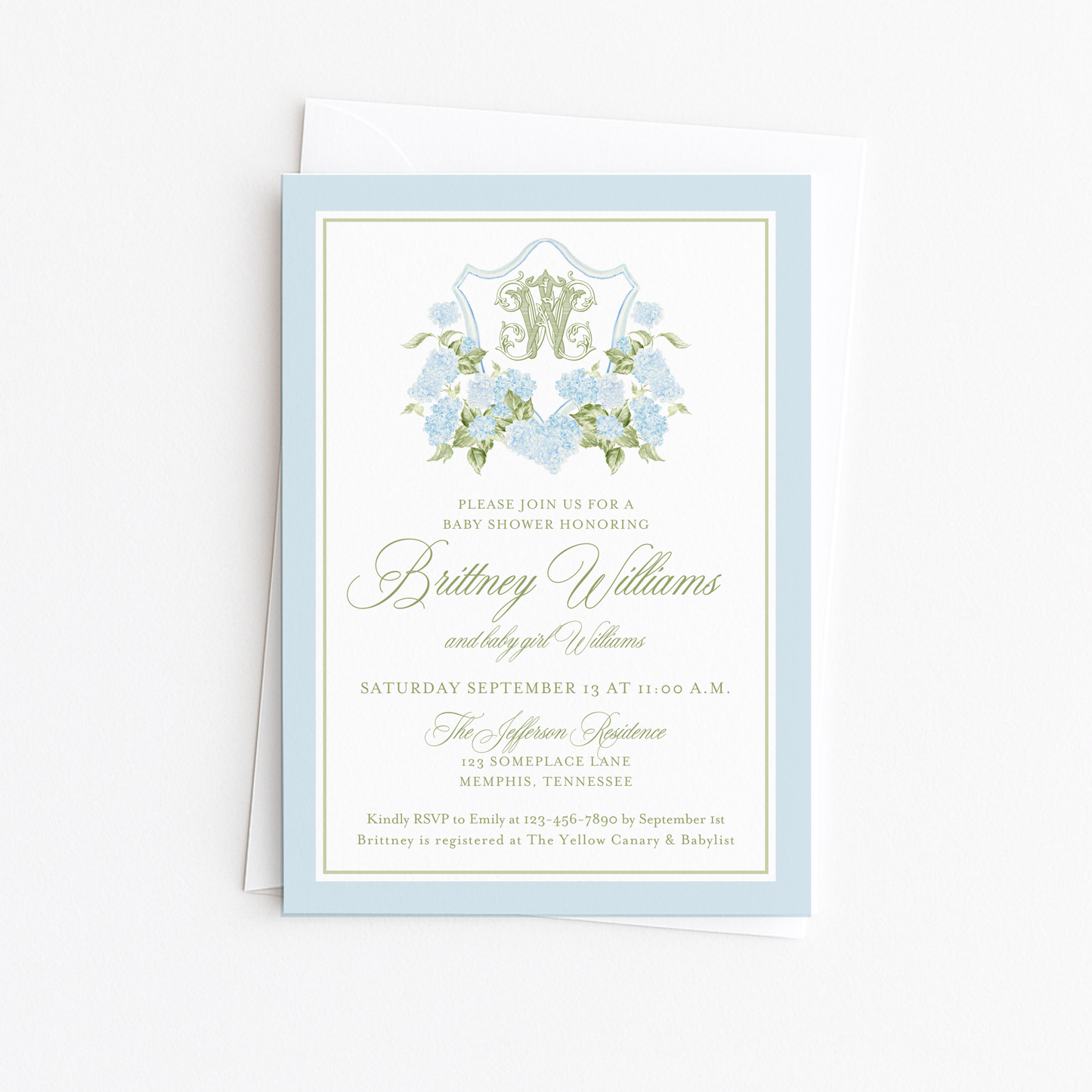 Hydrangea Crest Baby Shower Invitation