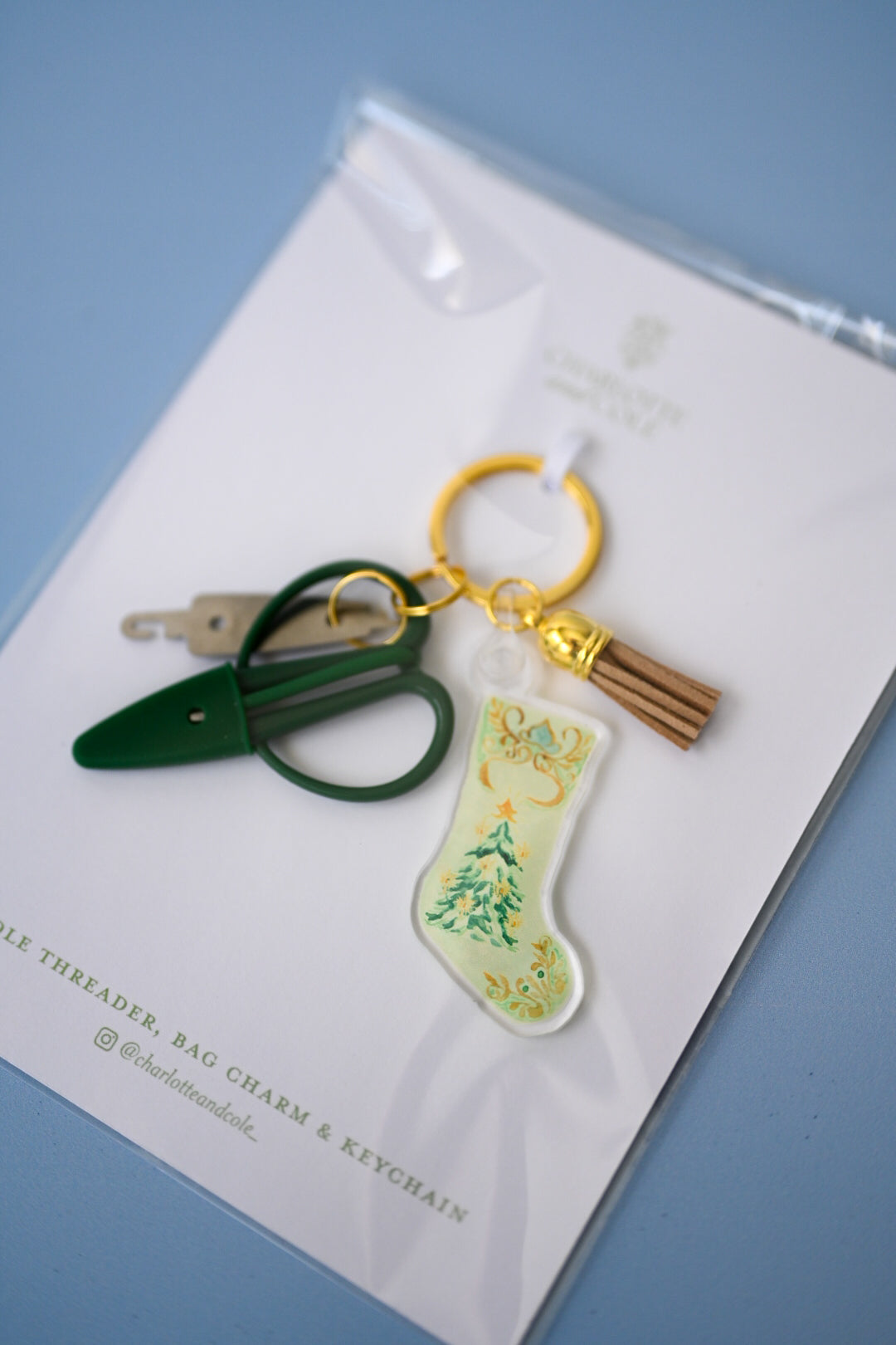 Green Stocking - Needlepoint Scissors & Needle Threader Keychain