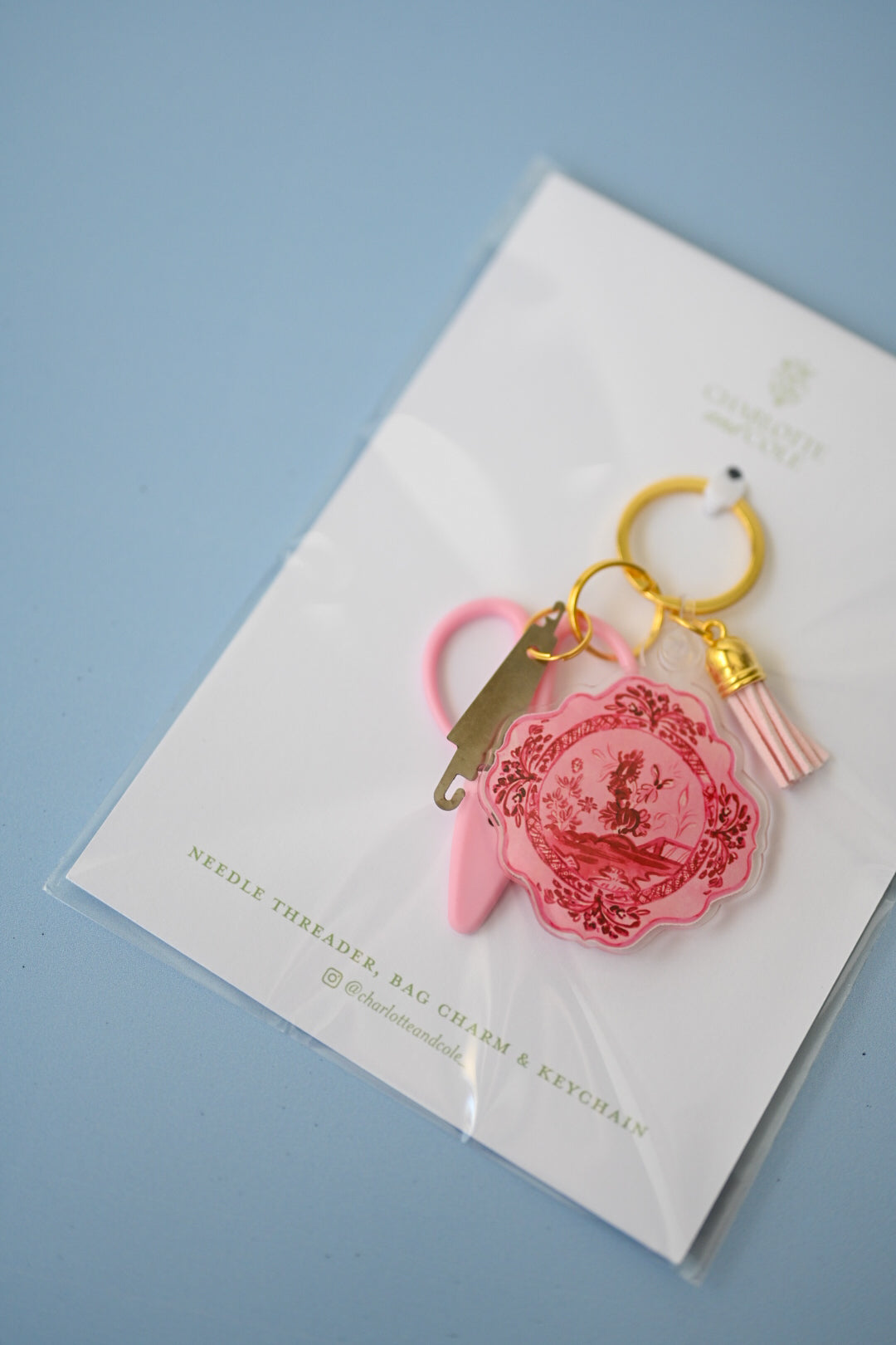 Pink Toile de Jouy Plate - Needlepoint Scissors & Needle Threader Keychain