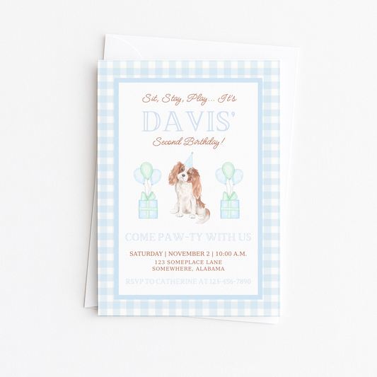 Puppy Pawty Invitation - Gingham King Charles Cavalier