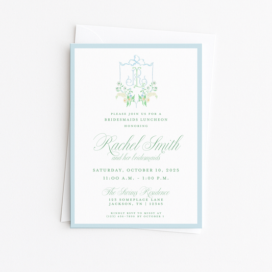 Blue Floral Crest Bridal Shower Invitation