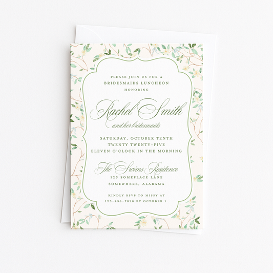 Floral Green and Cream Bridal Shower Invitation