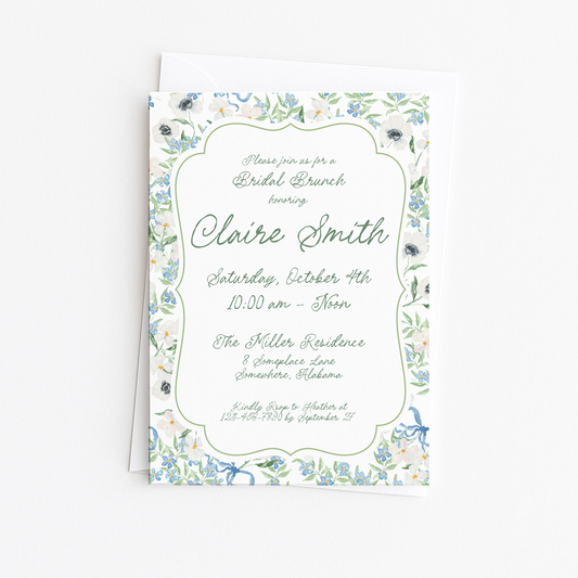Floral Green and Blue Bridal Shower Invitation