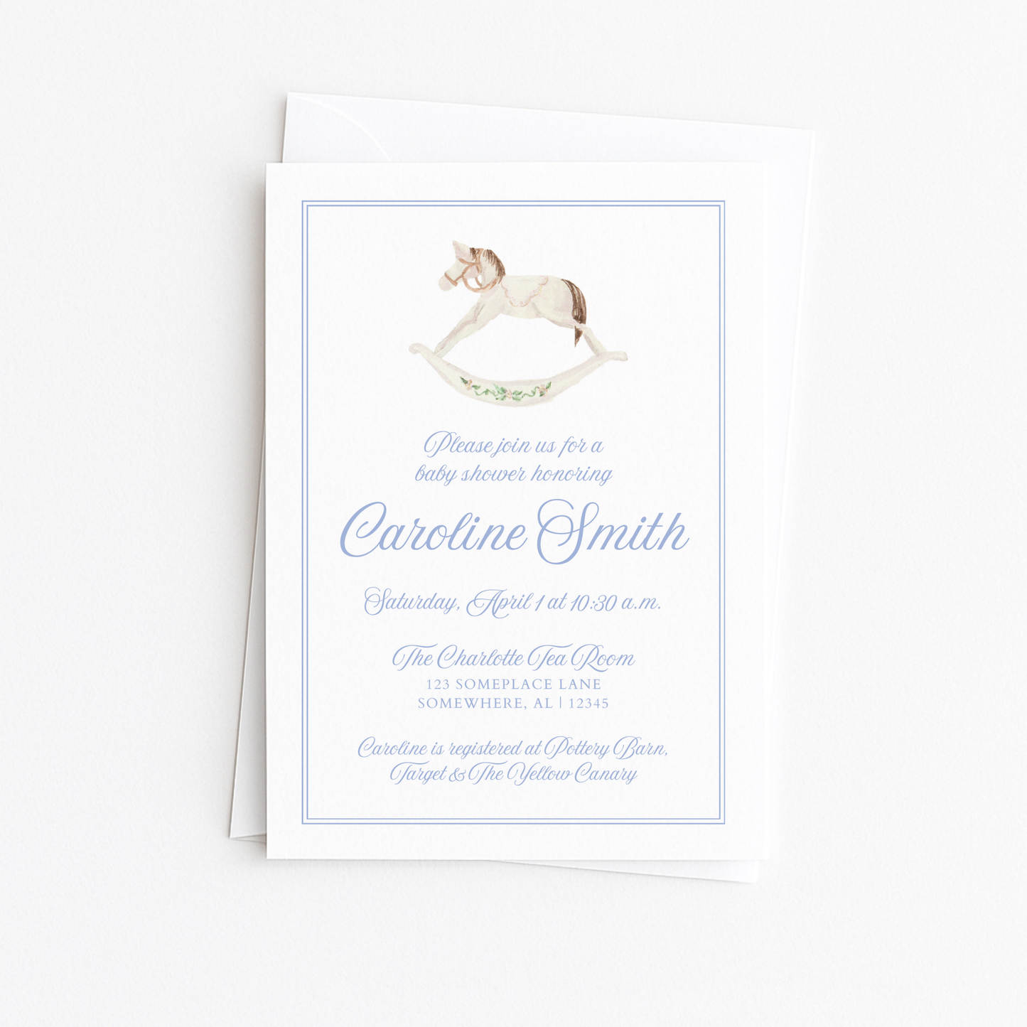 Blue Rocking Horse Baby Shower Invitation
