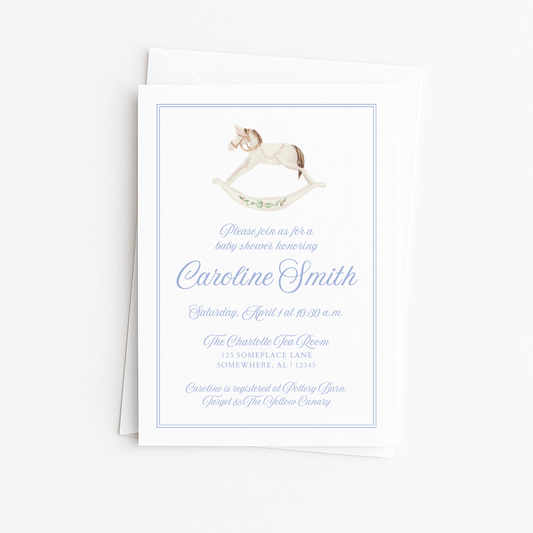 Blue Rocking Horse Baby Shower Invitation