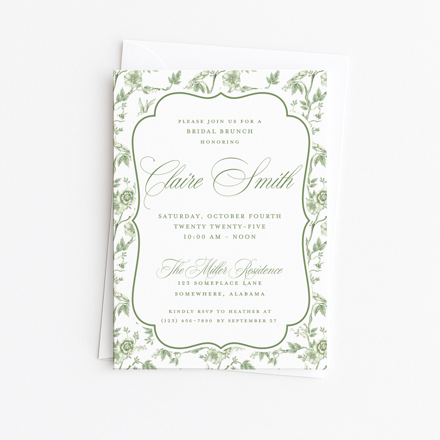 Green Toile Bridal Shower Invitation