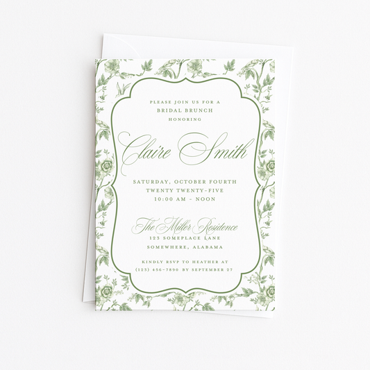 Green Toile Bridal Shower Invitation