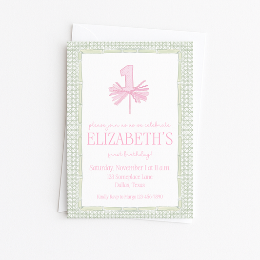 Pink & Green First Birthday Invitation