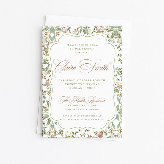 Green & Brown Toile Bridal Shower Invitation