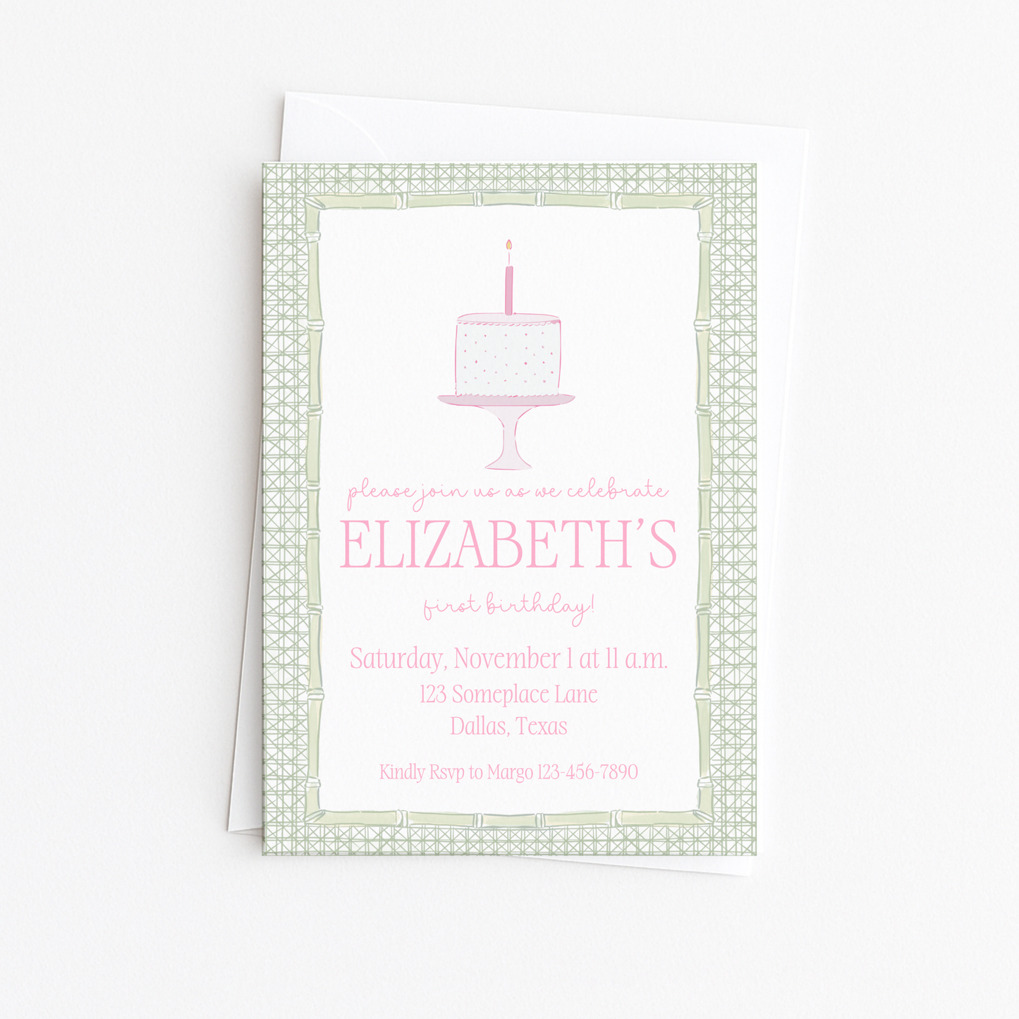 Pink & Green Cake First Birthday Invitation