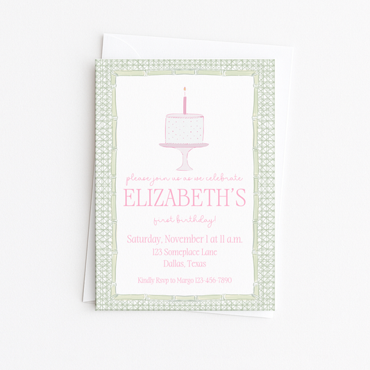 Pink & Green Cake First Birthday Invitation