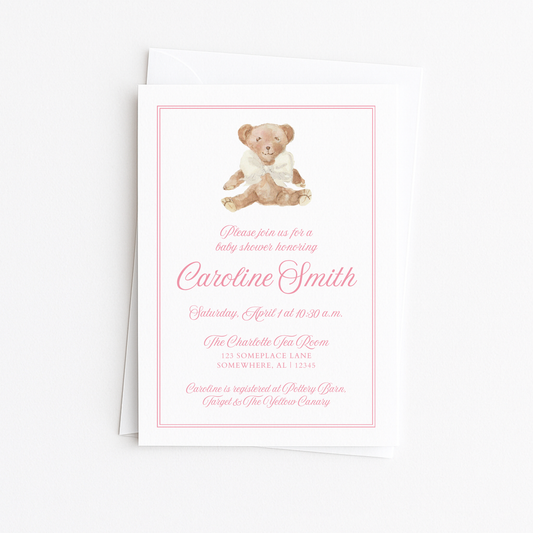 Pink Bear Baby Shower Invitation