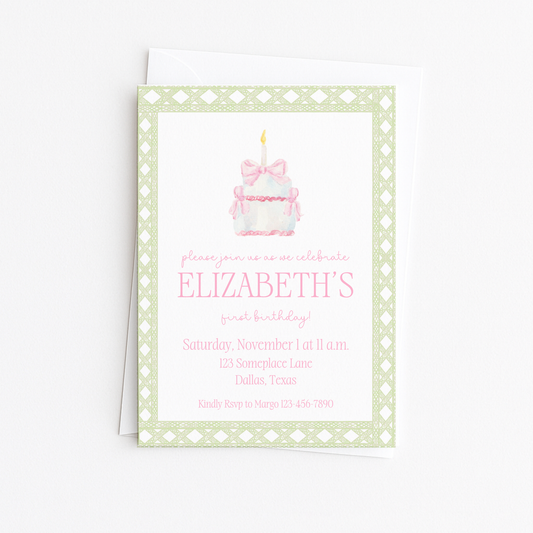 Pink & Green Cake First Birthday Invitation #2