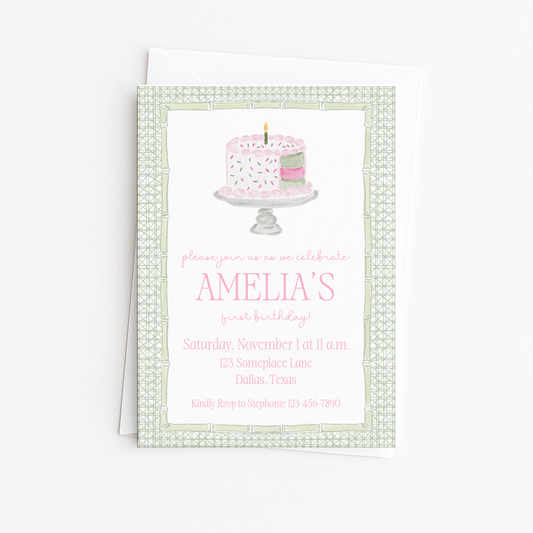 Pink & Green Cake First Birthday Invitation #3