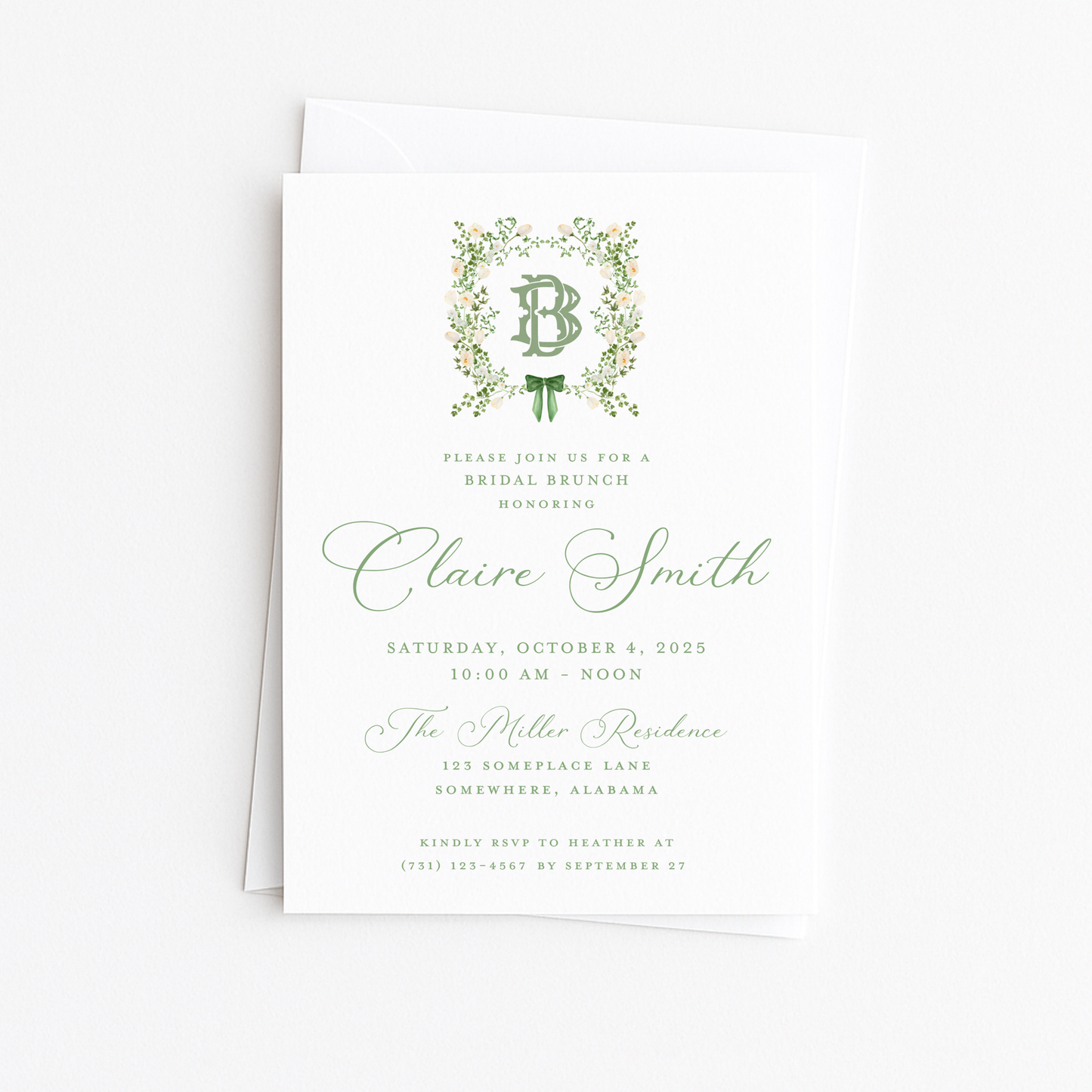 Green and White Floral Crest Bridal Shower Invitation