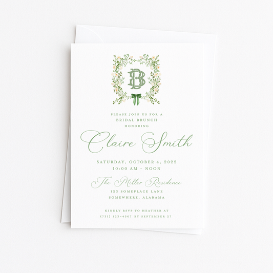 Green and White Floral Crest Bridal Shower Invitation