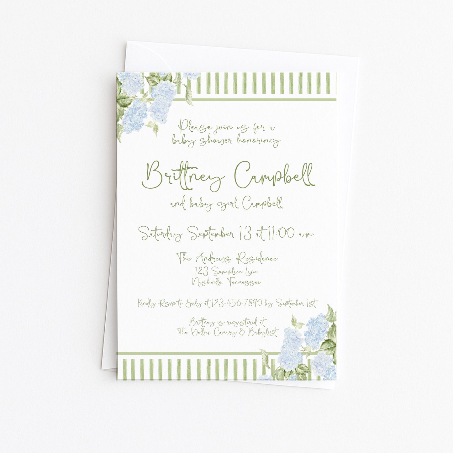 Hydrangea & Stripes Baby Shower Invitation