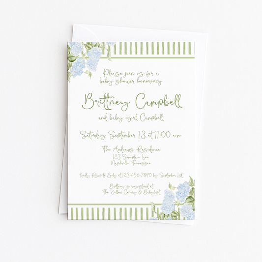 Hydrangea & Stripes Baby Shower Invitation