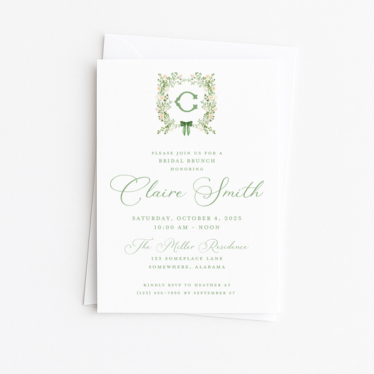 Green and White Floral Crest Bridal Shower Invitation #2