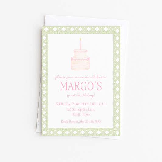 Pink & Green Cake First Birthday Invitation #4