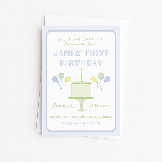 Blue & Green First Birthday Invitation