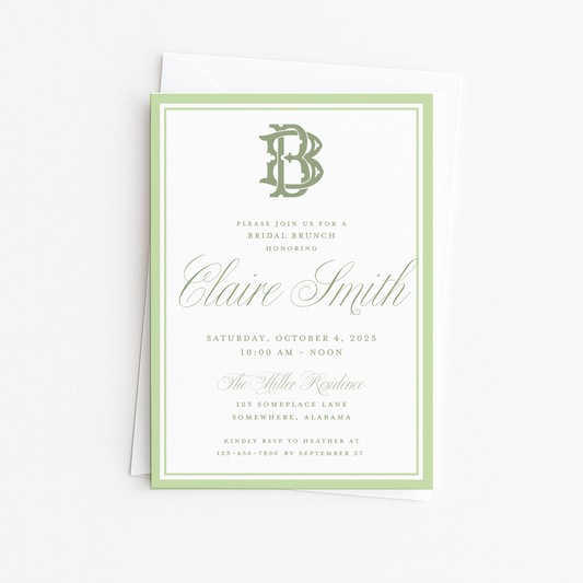 Green and White Monogram Bridal Shower Invitation