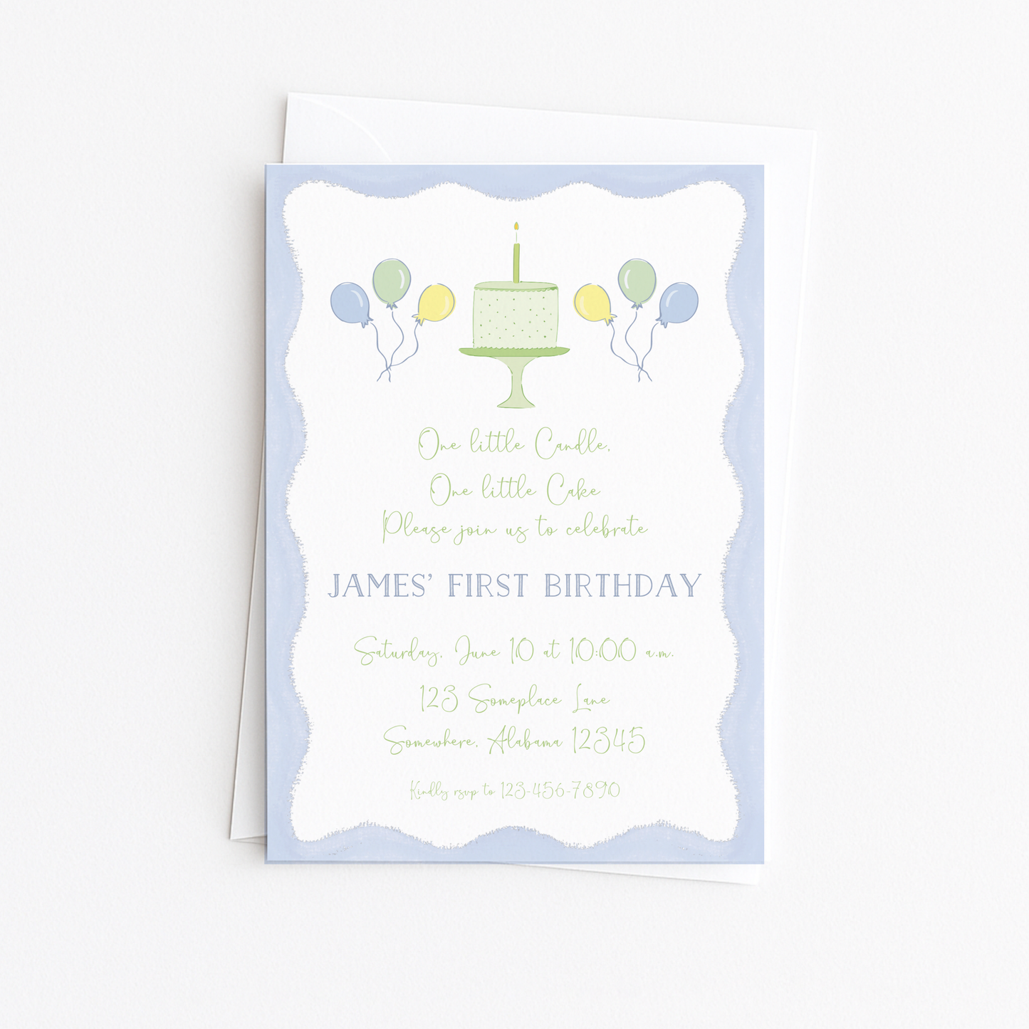 One Little Candle Blue & Green Invitation