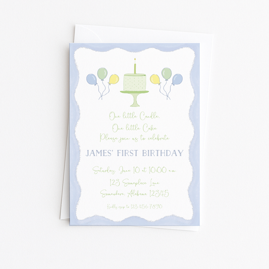 One Little Candle Blue & Green Invitation
