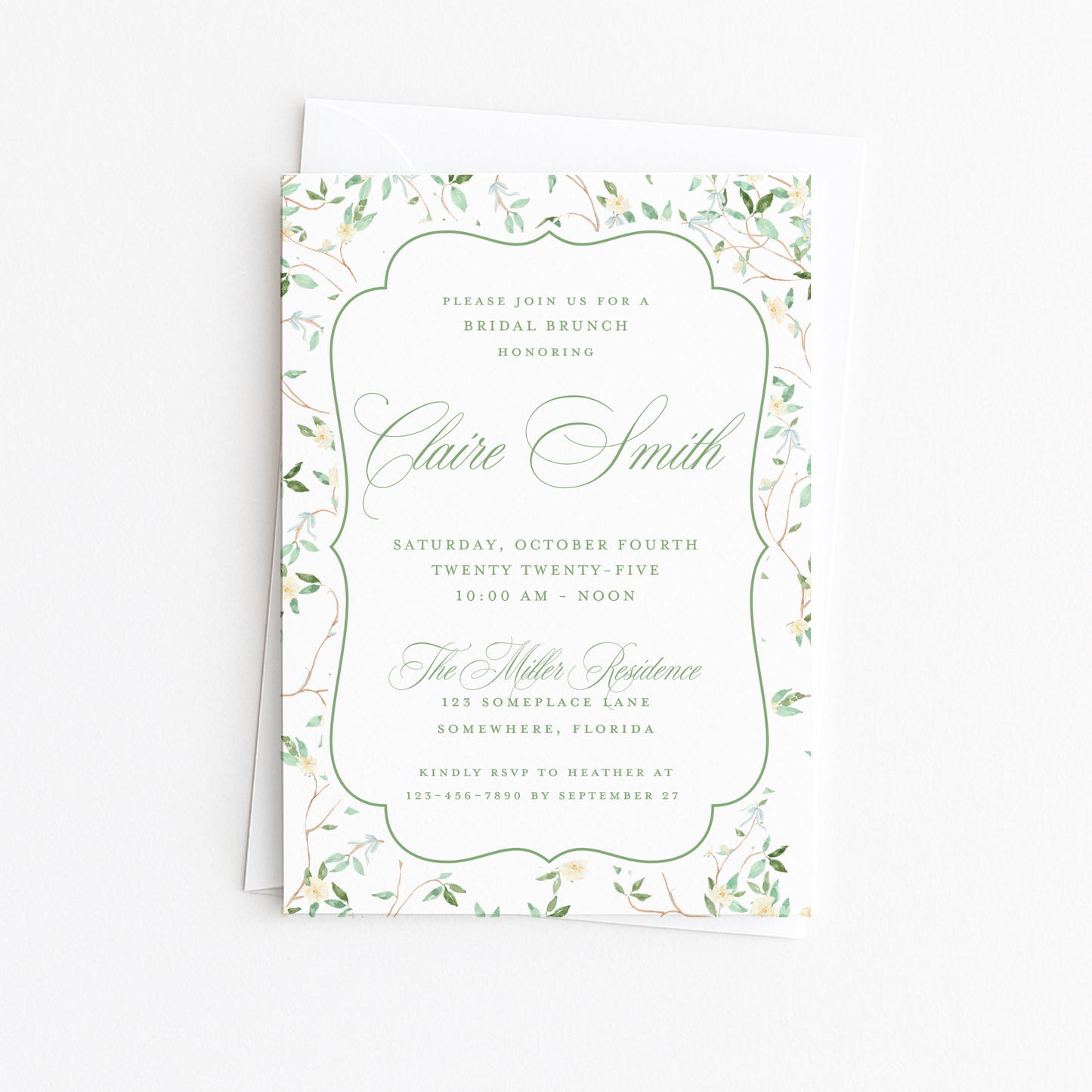 Green and White Floral Bridal Shower Invitation