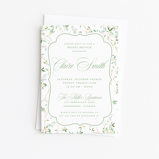 Green and White Floral Bridal Shower Invitation