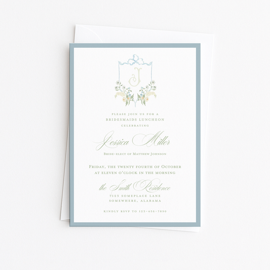 Dusty Blue and White Floral Crest Bridal Shower Invitation