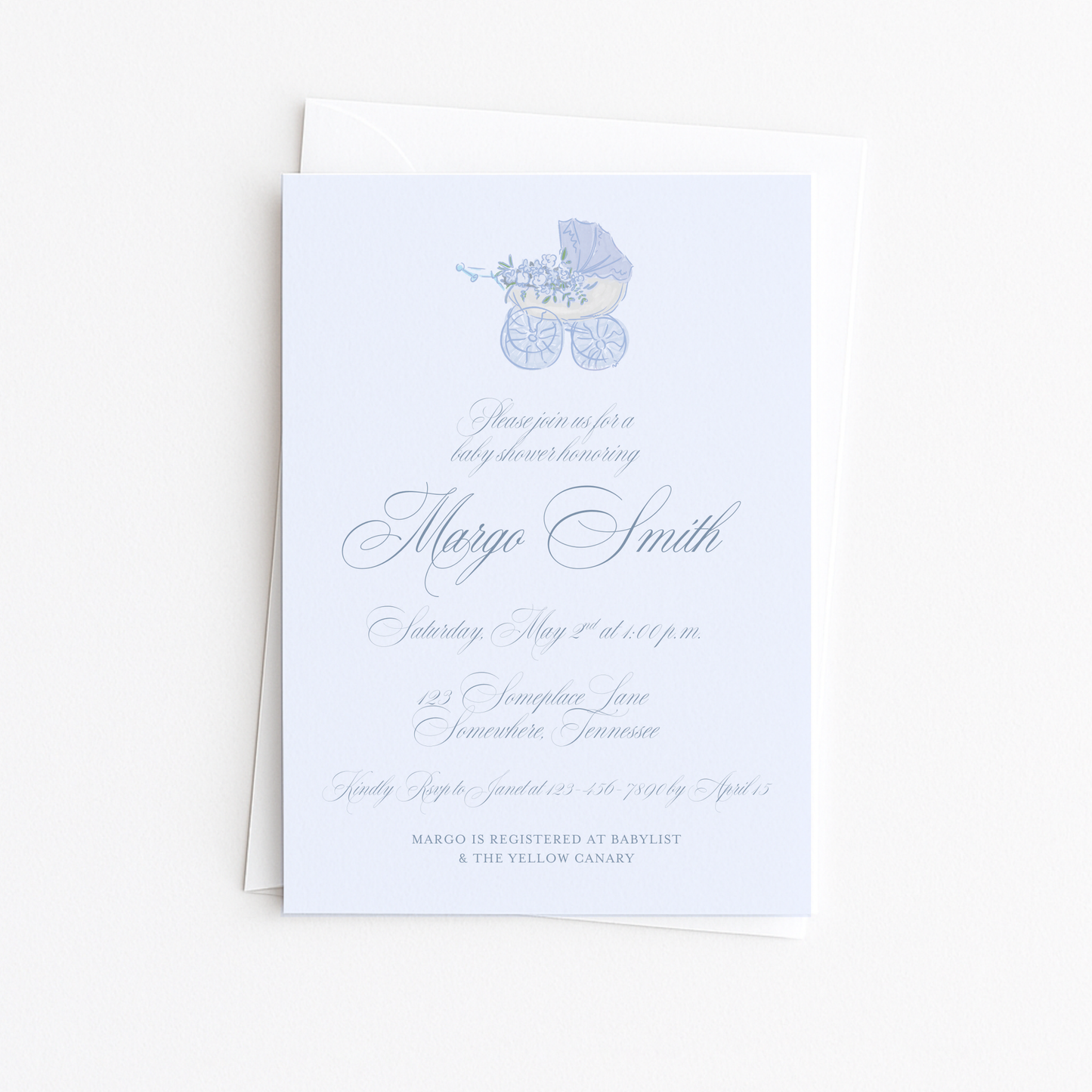 Blue Baby Carriage Baby Shower Invitation