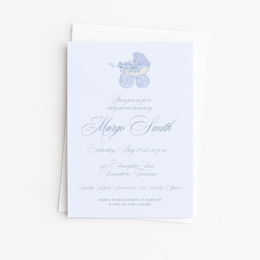 Blue Baby Carriage Baby Shower Invitation